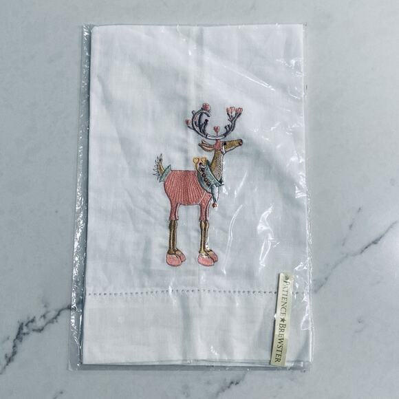 PATIENCE BREWSTER Daahaway Cupid reindeer TEA TOWEL NWT Love Christmas gift Pink - Picture 1 of 4